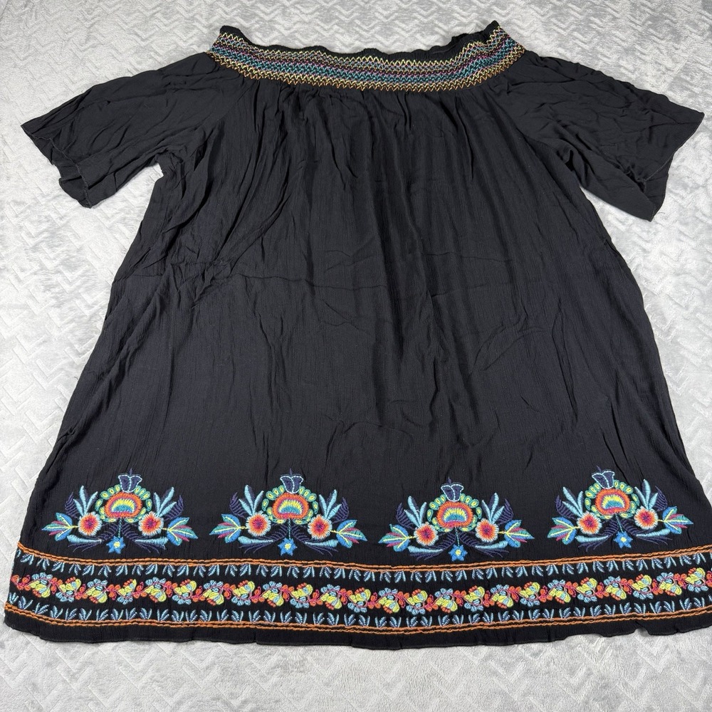 Swimsuits For All Black Floral Embroidered Boho Cover Up Off Shoulder Size 18/20
